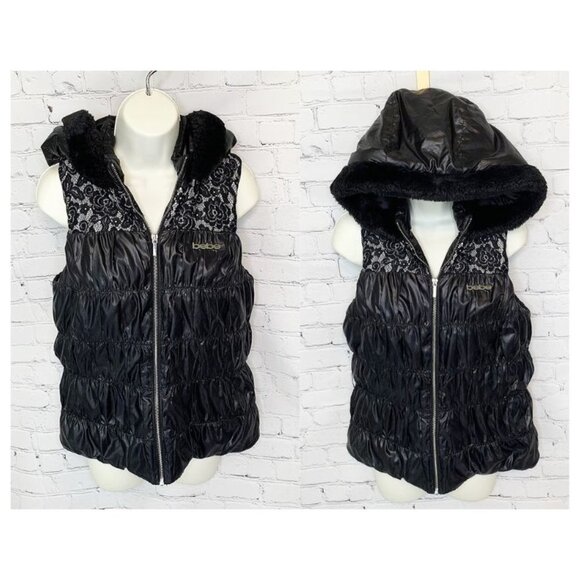 BEBE BLACK HOODED LACE GATHERED PUFFER VEST - M - Picture 1 of 8
